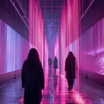 Personnes marchant dans une salle immersive