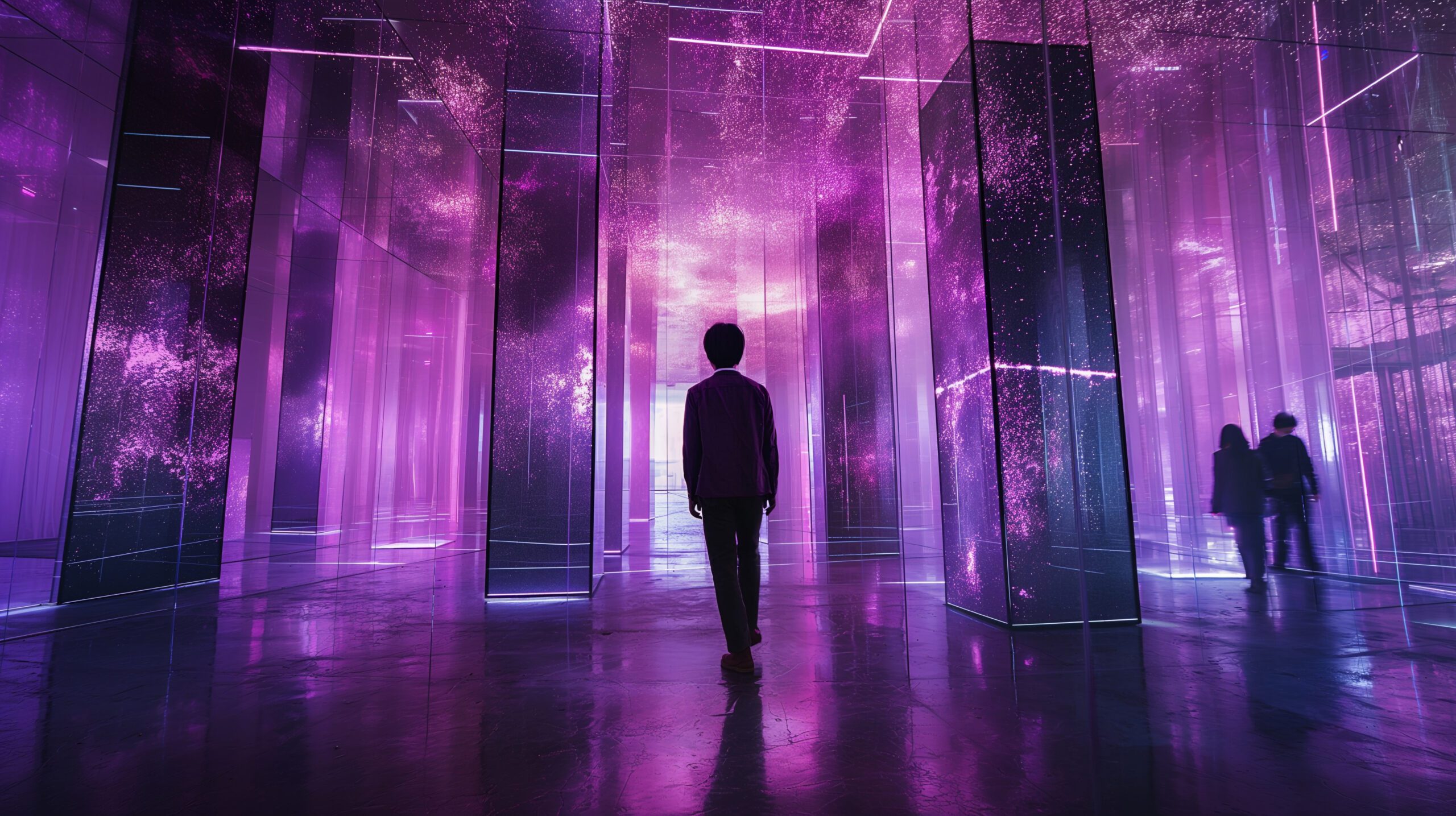 Personne marchant dans une salle immersive