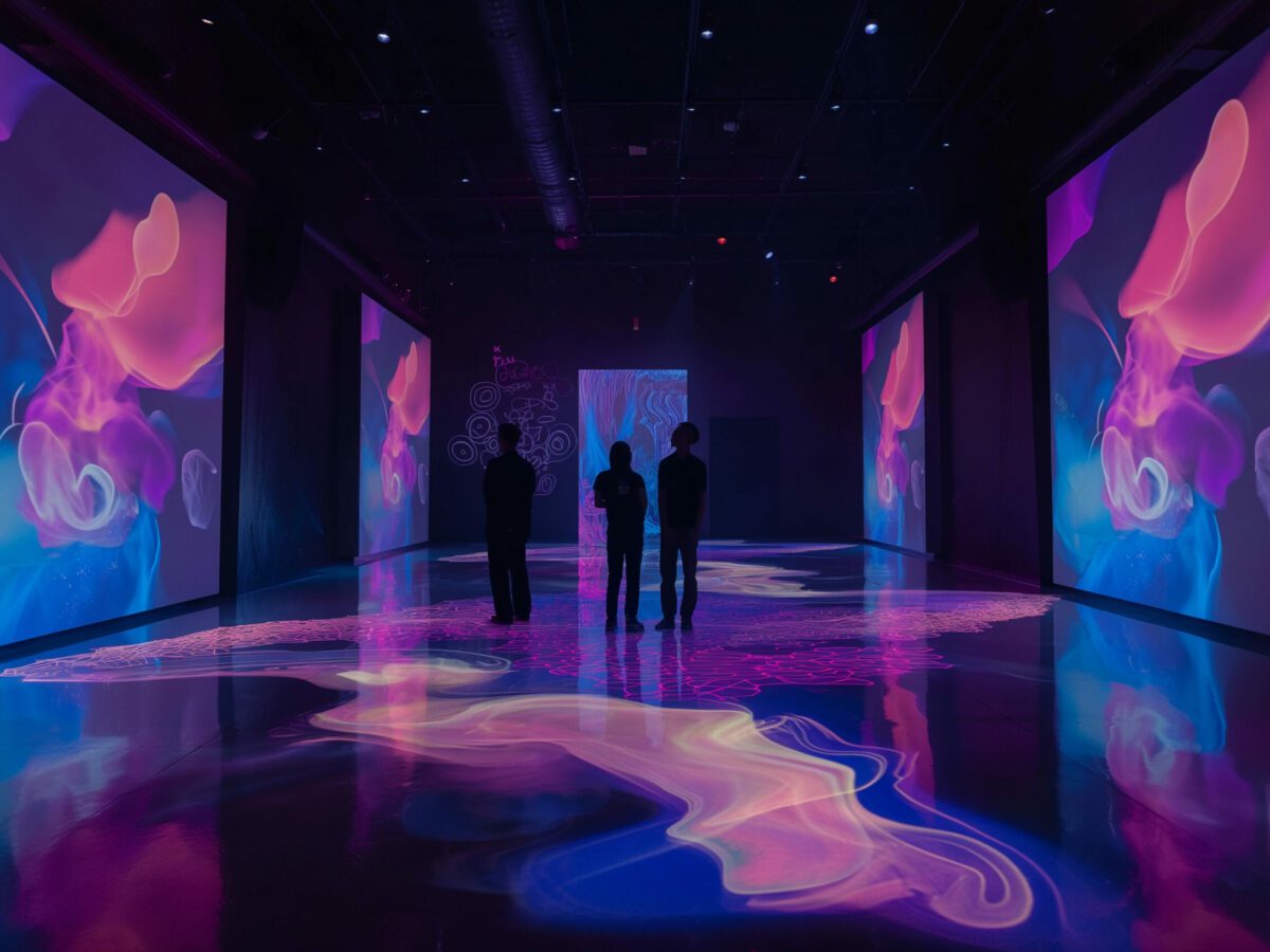 Groupe de personnes explorant une salle immersive avec des projections aux murs et sols