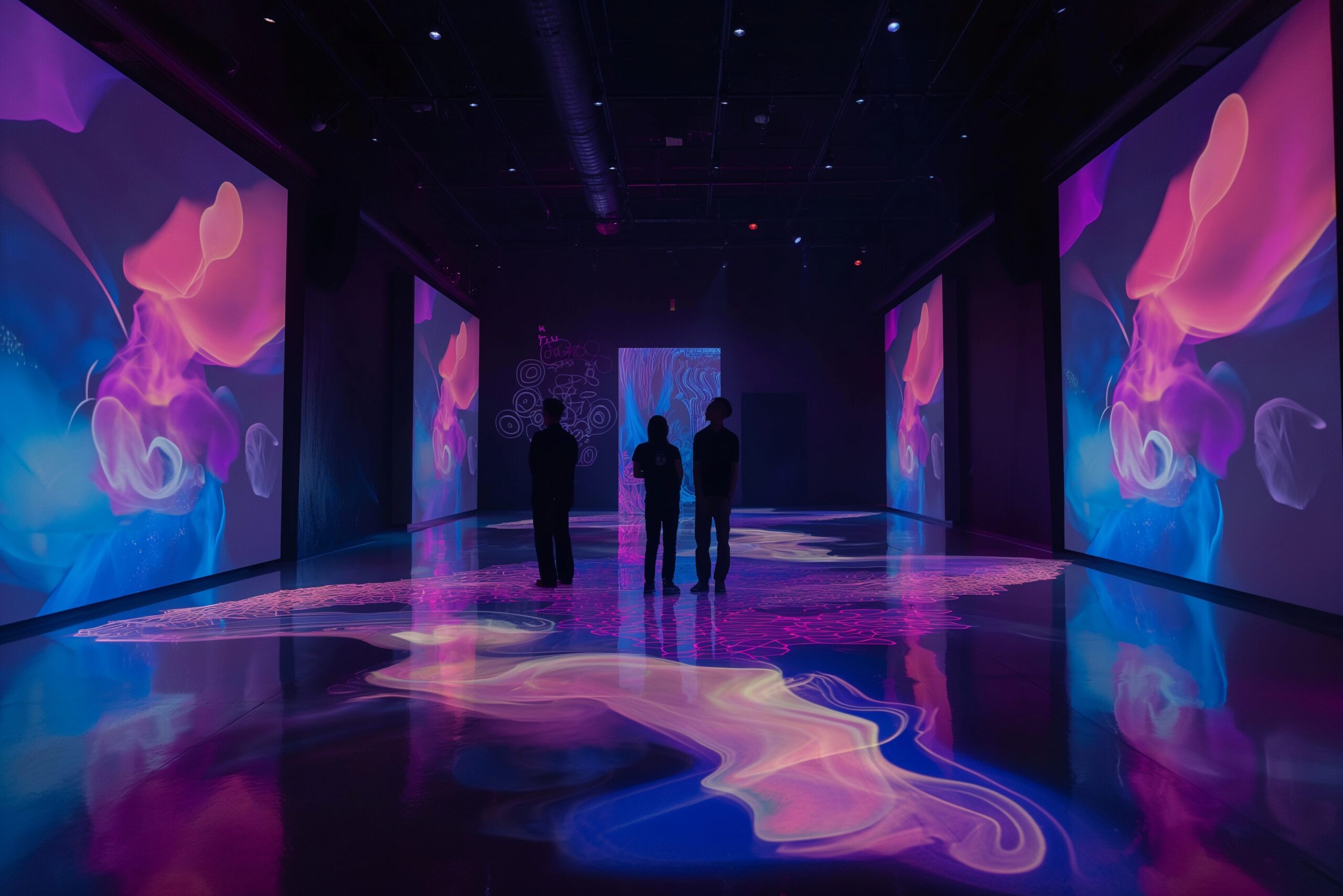 Groupe de personnes explorant une salle immersive avec des projections aux murs et sols