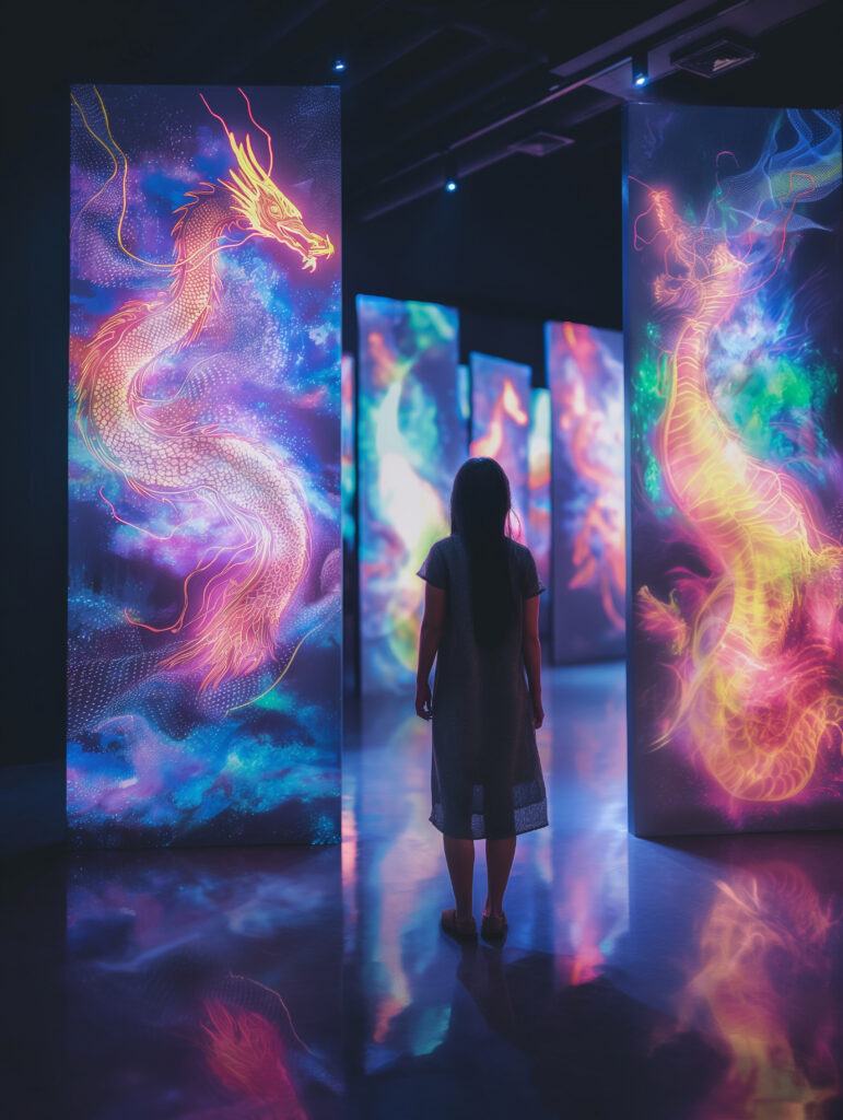 Enfant dans une salle immersive avec différents panneaux numériques projetant des lumières de toutes les couleurs
