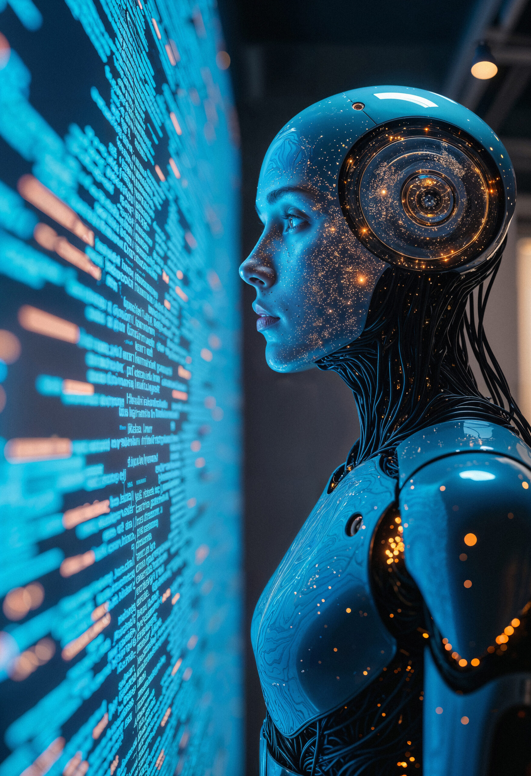 Robot humanoïde devant un écran